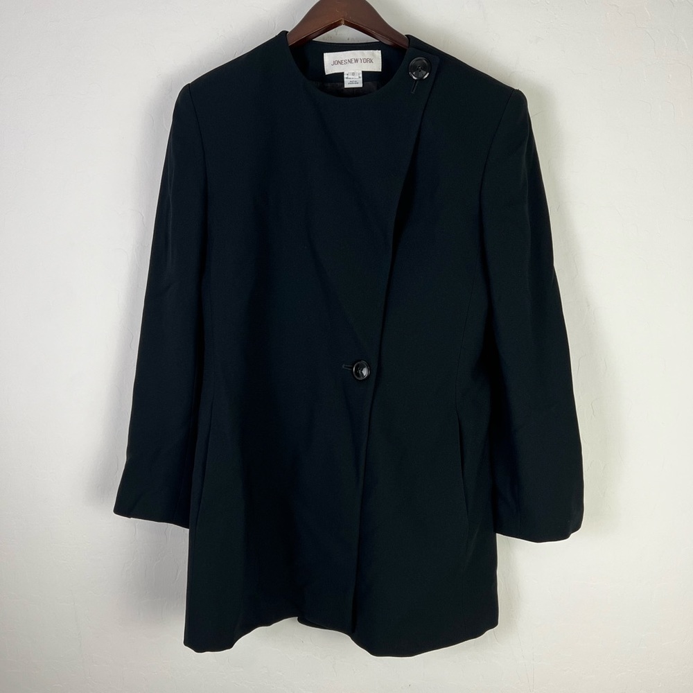 🖤 Jones New York Black Asymmetrical Button Coat – Size 8